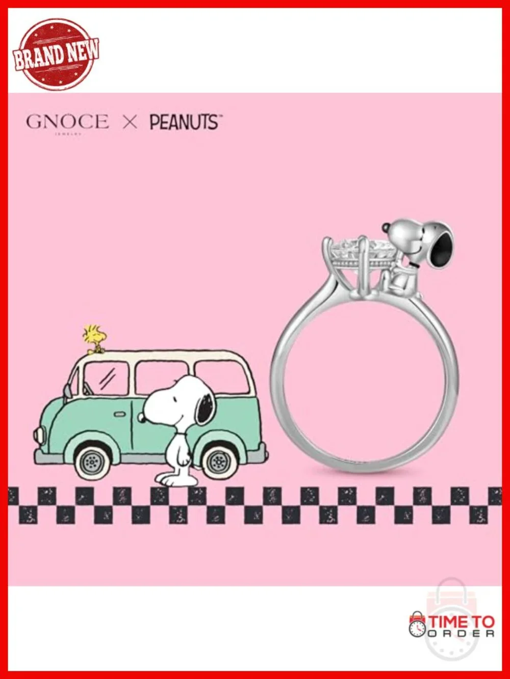 925 Sterling Silver Snoopy Hug Diamond Ring Statement Jewelry